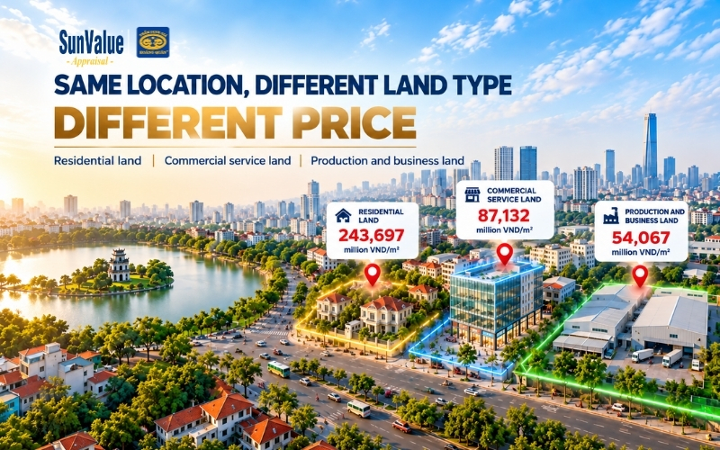 Comparison of residential commercial service and production land prices in Hanoi 2026