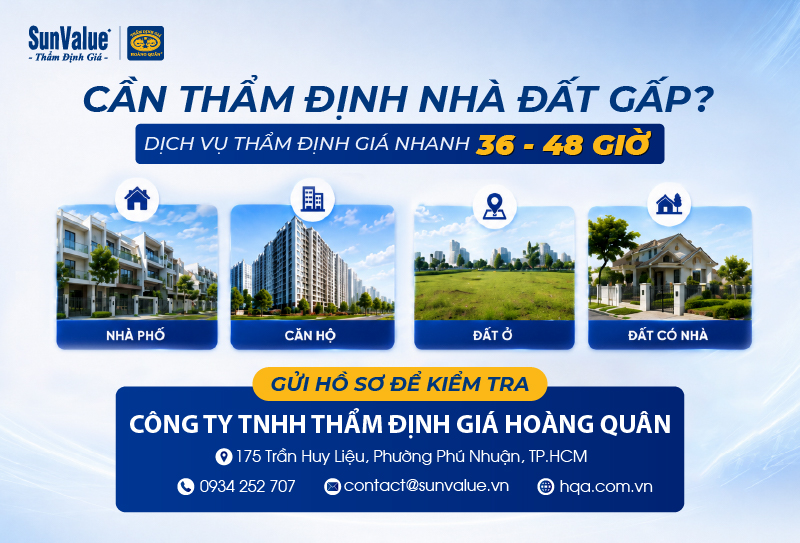Thẩm định giá Hoàng Quân cung cấp dịch vụ thẩm định giá nhanh với thời gian xử lý dự kiến 36–48 giờ