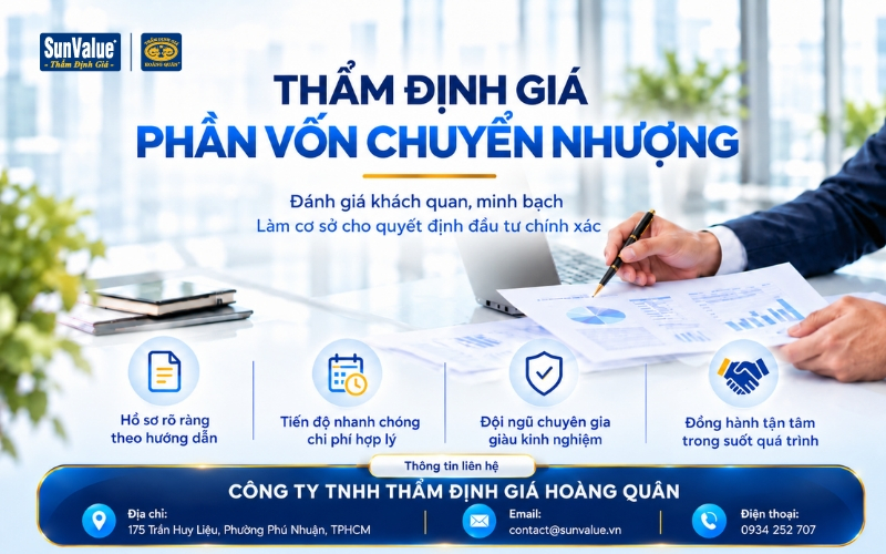 Thẩm định giá Hoàng Quân cung cấp dịch vụ thẩm định giá phần vốn góp, cổ phần phục vụ chuyển nhượng